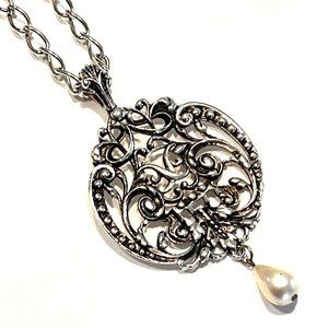 Vintage Avon Necklace Art Nouveau Style Scroll Faux Pearl Drop Pendant Necklace